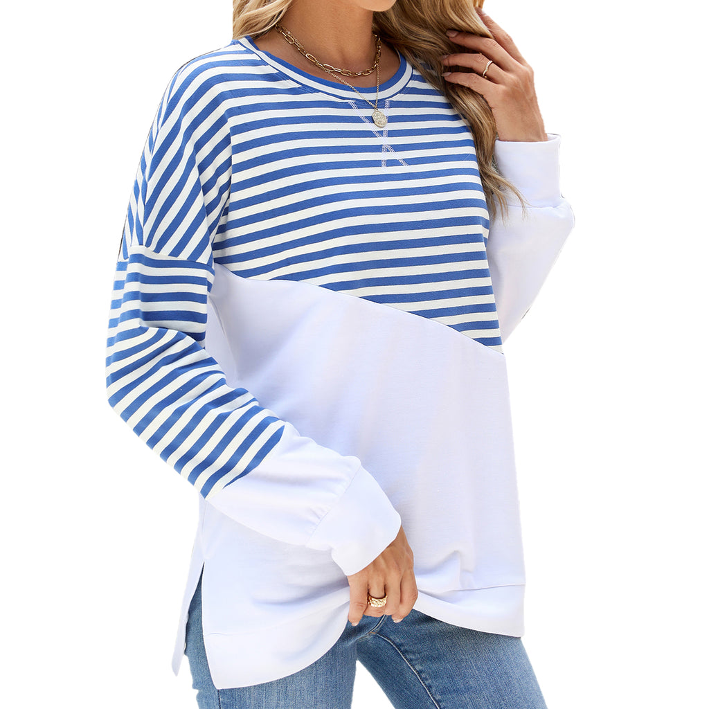 Zowgari Womens Striped Oversized Sweatshirt Half Color Block Crew Neck Long Sleeve Casual Loose Pullover Top Y2K Clothes