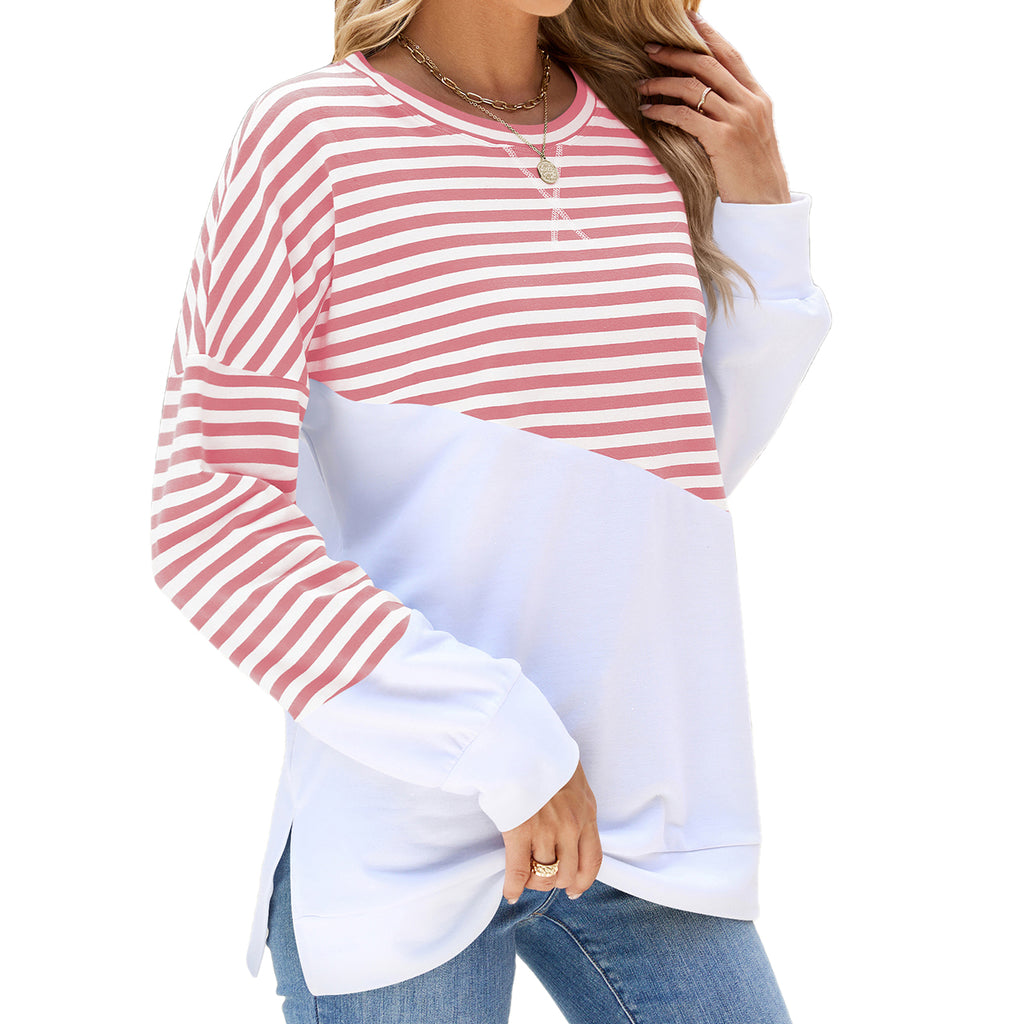 Zowgari Womens Striped Oversized Sweatshirt Half Color Block Crew Neck Long Sleeve Casual Loose Pullover Top Y2K Clothes