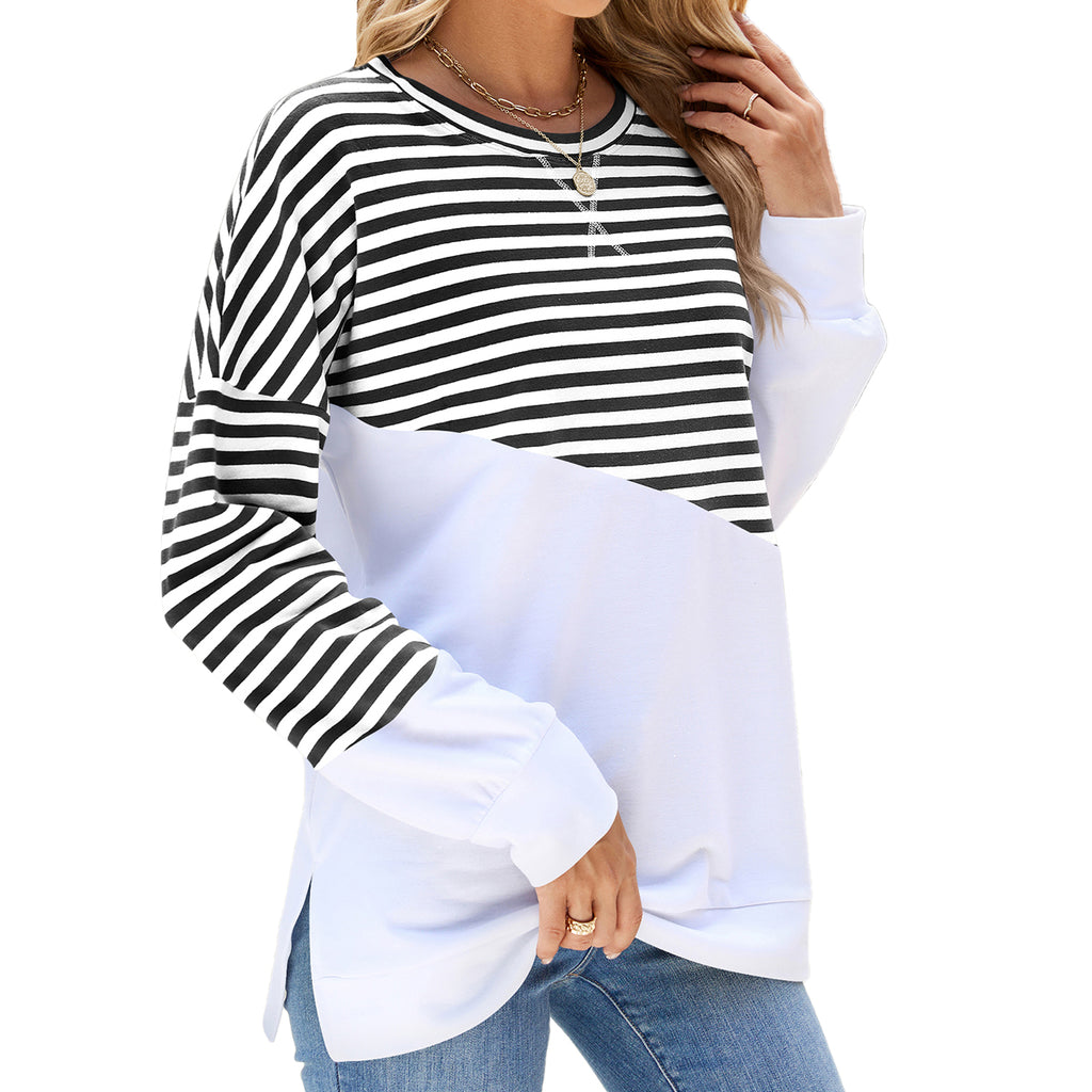 Zowgari Womens Striped Oversized Sweatshirt Half Color Block Crew Neck Long Sleeve Casual Loose Pullover Top Y2K Clothes