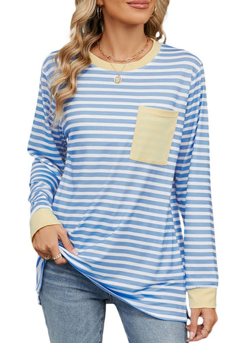 Zowgari Womens Sweatshirt Long Sleeve Womens Striped Shirts Crewneck Sweatshirts for Women Ladies Tunic Pullover with Pocket