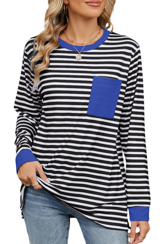 Zowgari Womens Sweatshirt Long Sleeve Womens Striped Shirts Crewneck Sweatshirts for Women Ladies Tunic Pullover with Pocket